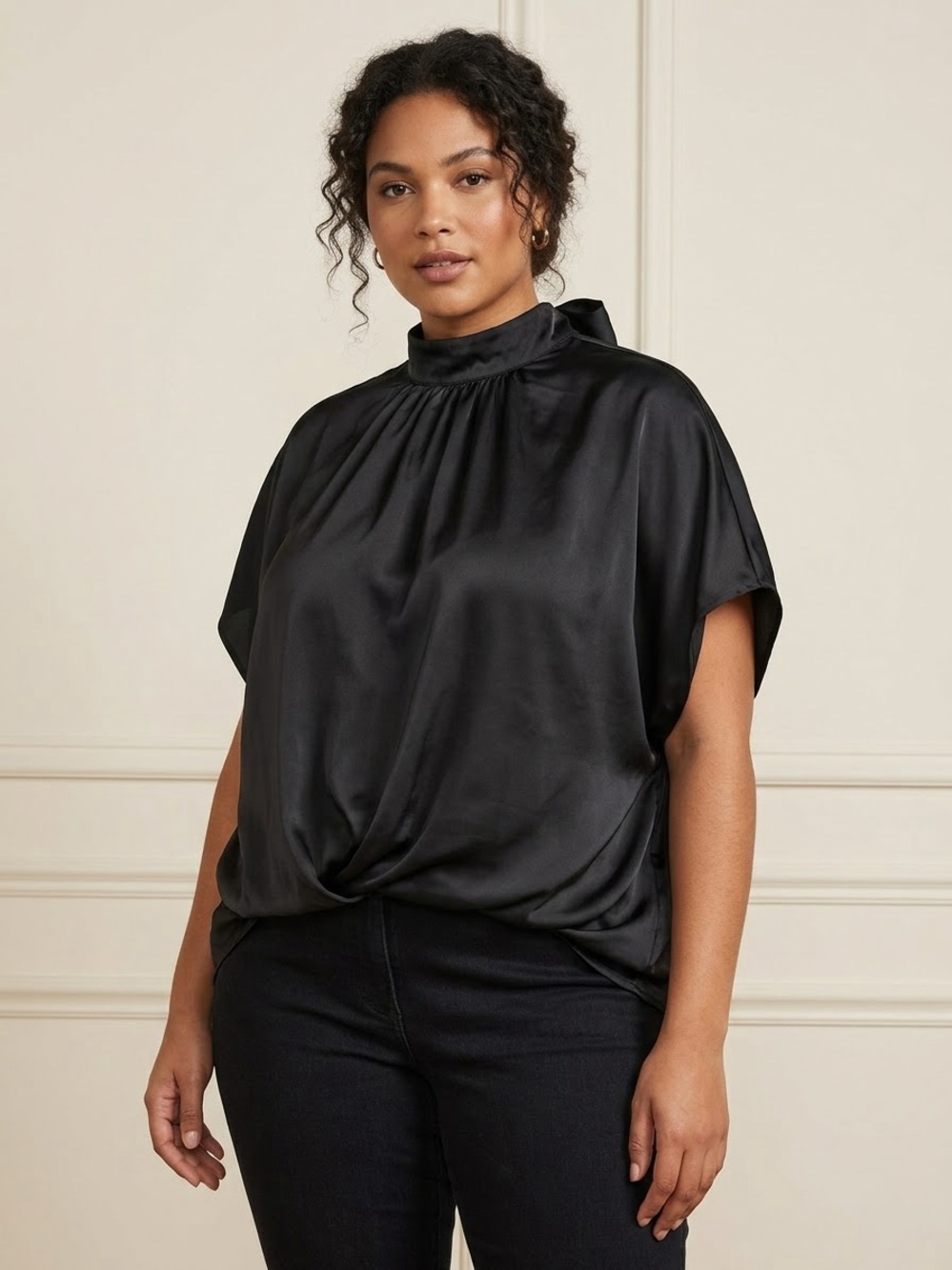 BTFBM Black Satin High Neck Tie-Back Short Sleeve Blouse - Size XL